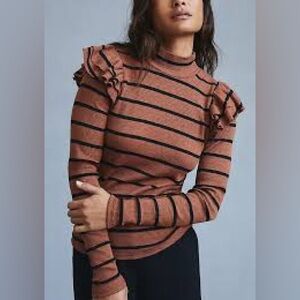 Anthropologie T.LA Ribbed Striped Ruffle Shoulder Top Rust Black Size M